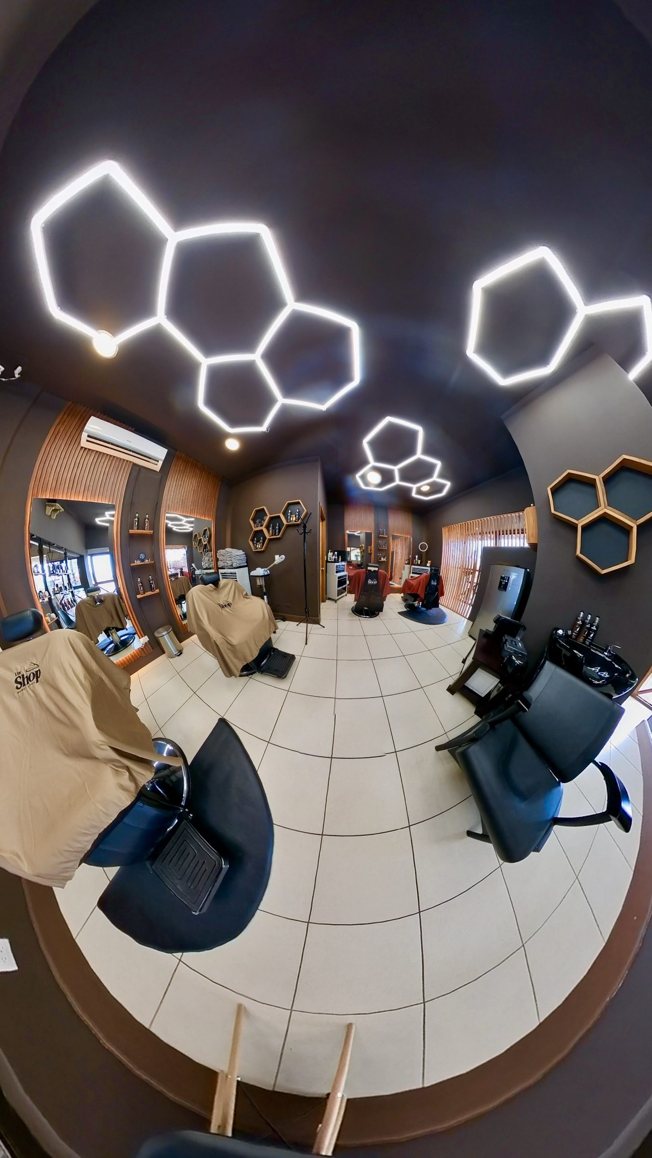 Studio interior with honeycomb lighting